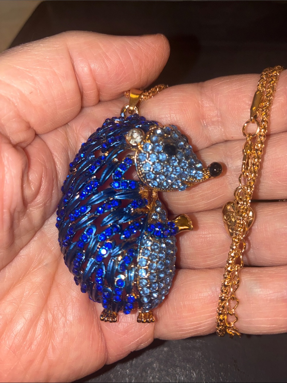 Blue Crystal Hedgehog Pendant Necklace - Gold Tone